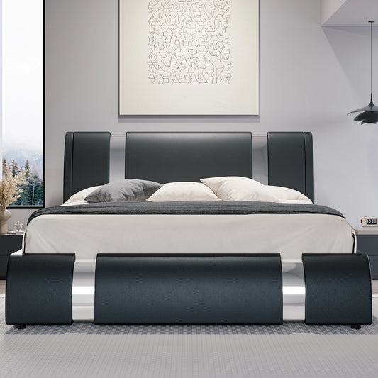 HOOMIC MODERN FAUX LEATHER BED FRAME WITH HEIGHT ADJUSTABLE HEADBOARD