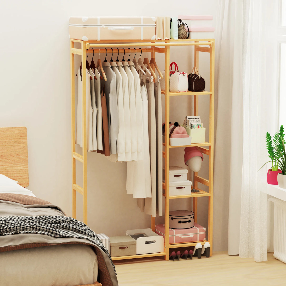 Bamboo Multi Tier Garment Rack Wardrobe Closet Stand Storage Shelves