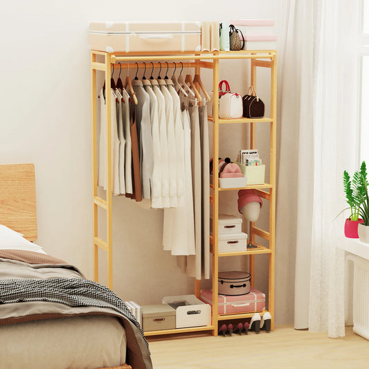 Bamboo Multi Tier Garment Rack Wardrobe Closet Stand Storage Shelves