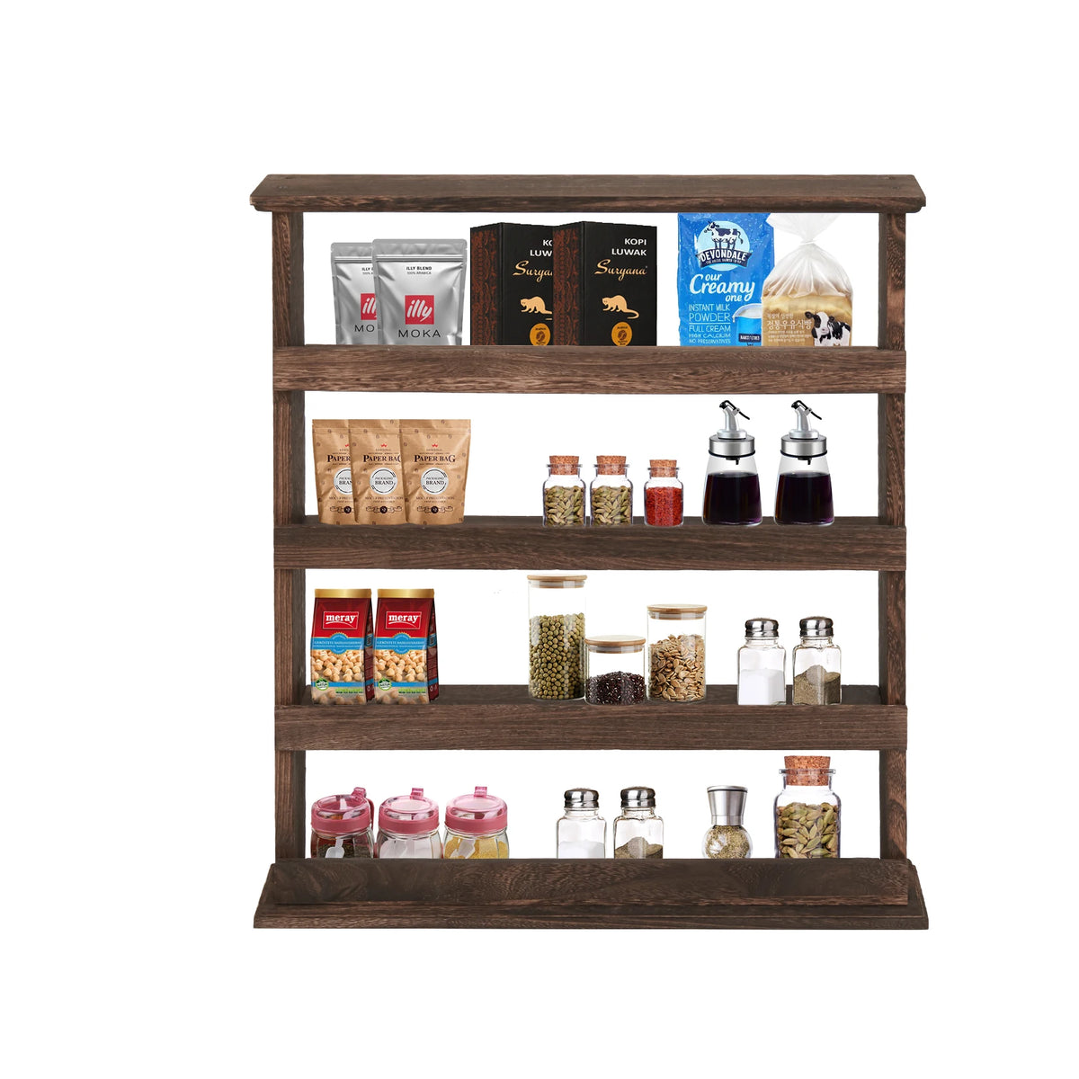 Wooden Wall Mount Spice Rack With Four Tier Storage