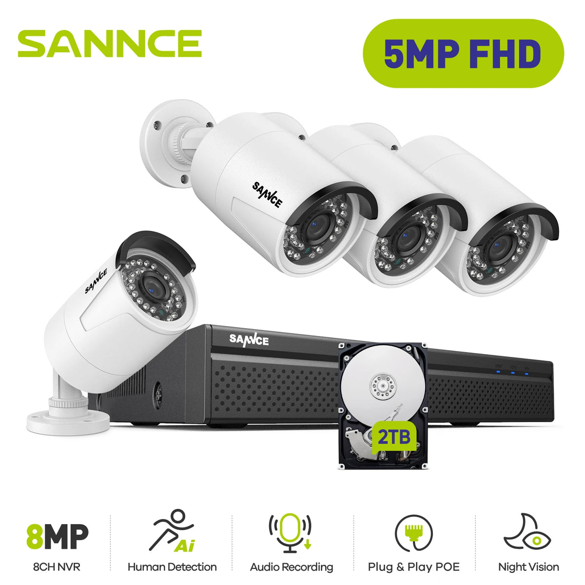 Sannce 5MP POE NVR Surveillance System With Four IP Cameras