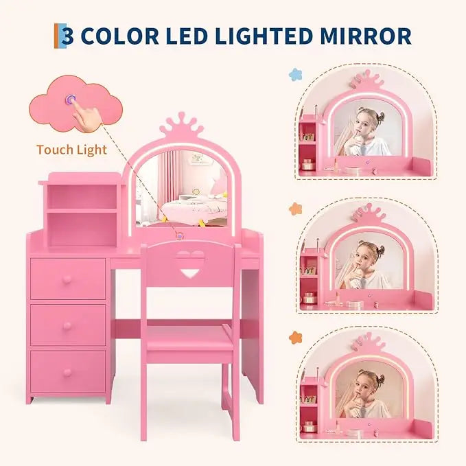 HiMISS Kids Vanity Desk With Built In Lighting And Chair