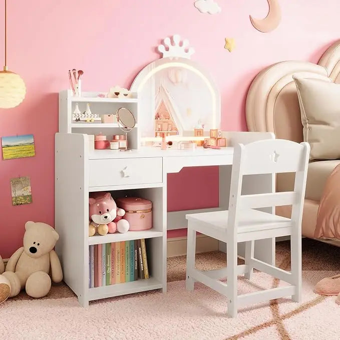 HiMISS Kids Vanity Desk With Built In Lighting And Chair