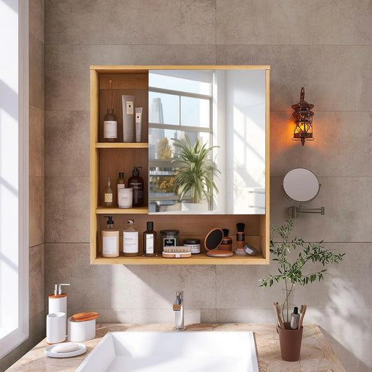 Bamboo Wall Mounted Medicine Cabinet With Mirror Storage