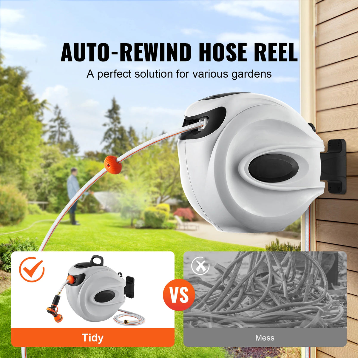 SucceBuy Automatic Rewind Garden Hose Reel With Spray Nozzle