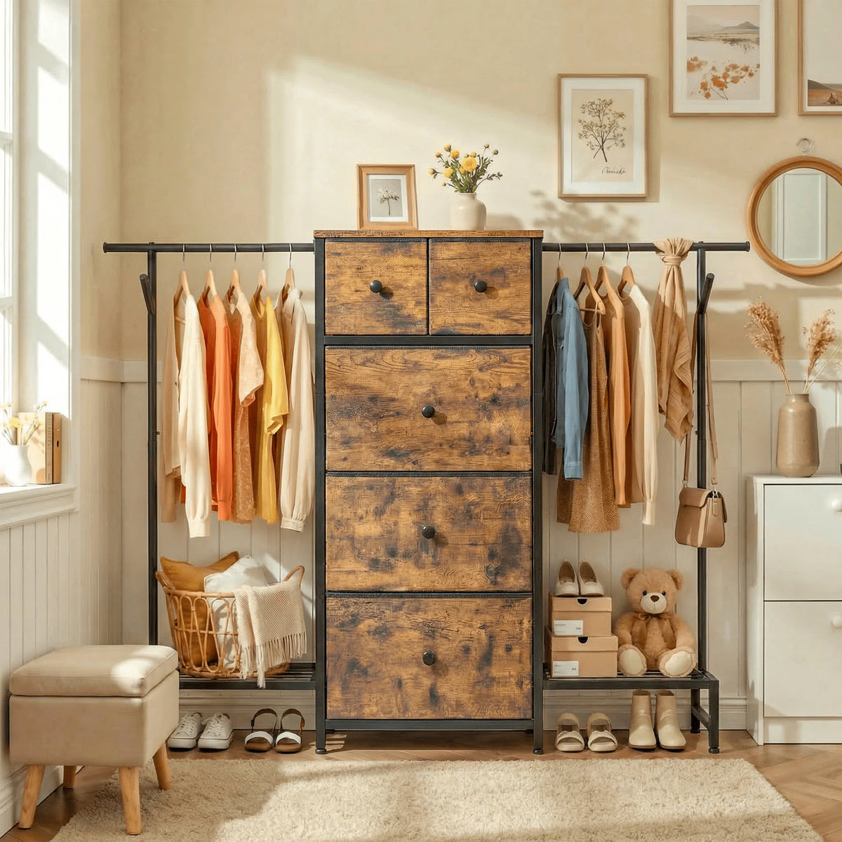 EnHomee Modern Dresser With Five Drawers And Hanging Rack
