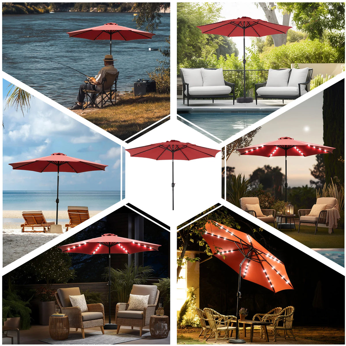 JHK Solar Patio Umbrella With LED Lights, Tilt And Crank