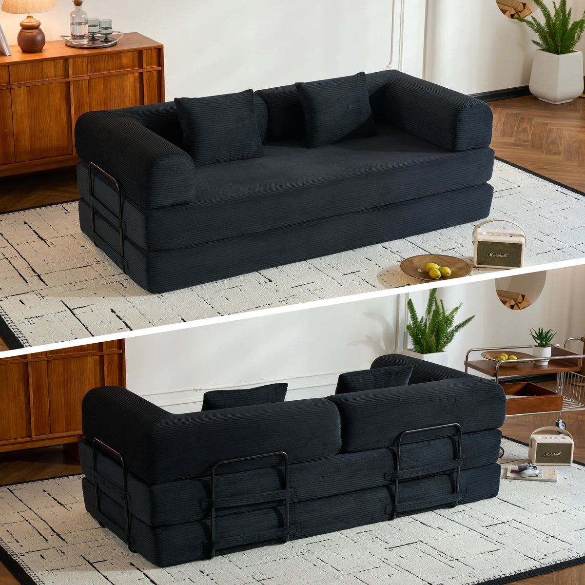 THOLASIS Folding Convertible Sofa Bed Velvet Futon Loveseat Living Room