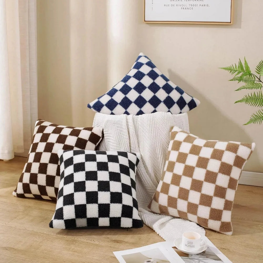 NBVCX Soft Checkerboard Faux Fur Decorative Throw Pillow Covers Set