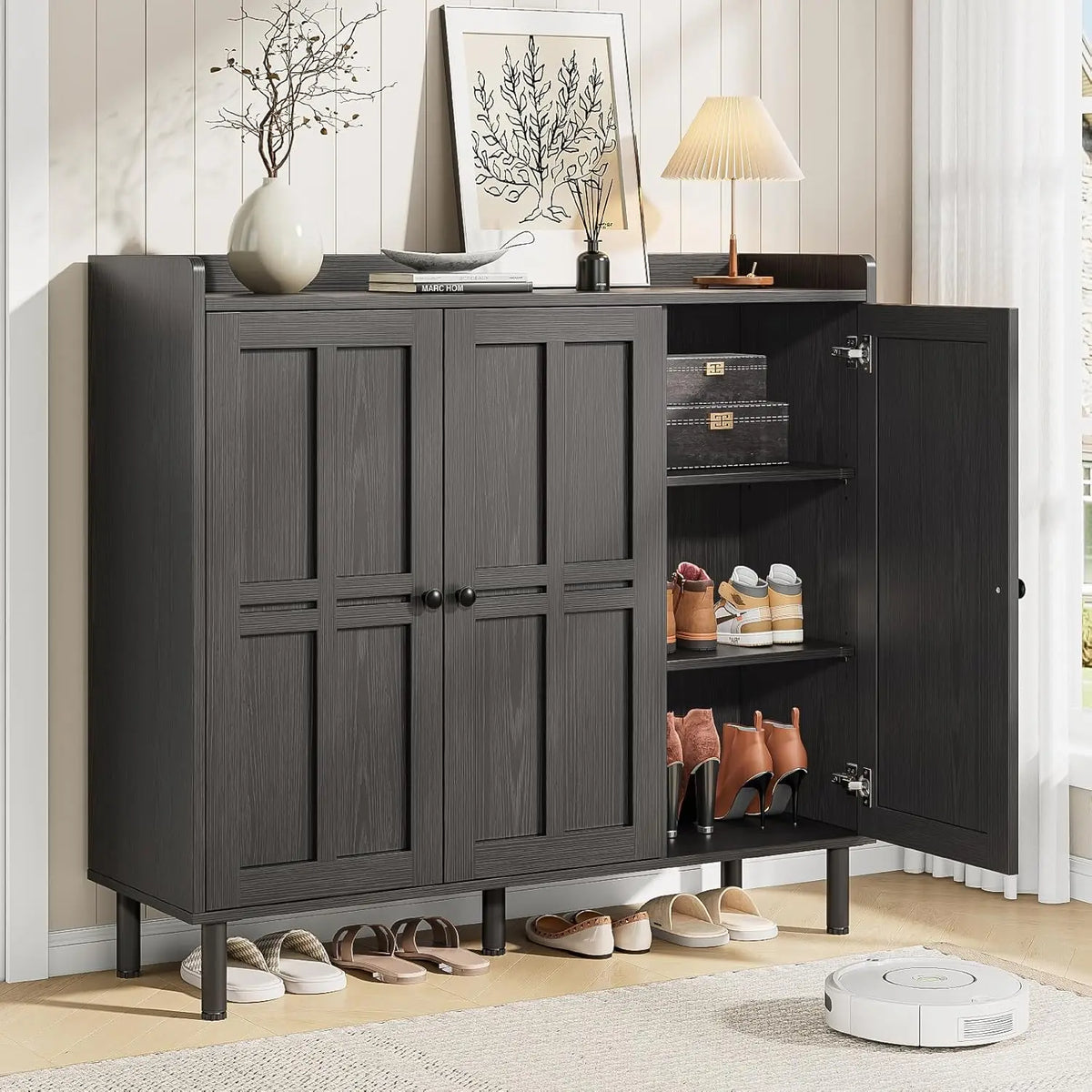 Onbrill Modern Wooden Shoe Cabinet With Three Doors For Entryway