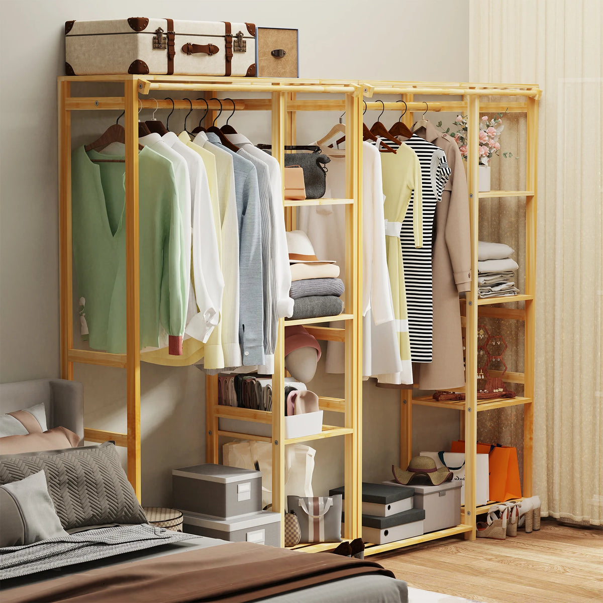 Bamboo Multi Tier Garment Rack Wardrobe Closet Stand Storage Shelves