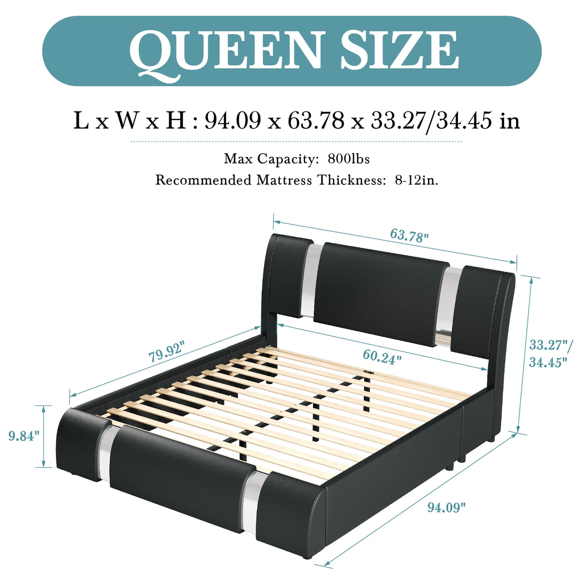 HOOMIC MODERN FAUX LEATHER BED FRAME WITH HEIGHT ADJUSTABLE HEADBOARD