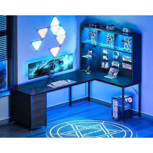 L Shaped Gaming Desk With Hutch Pegboard And LED Lighting