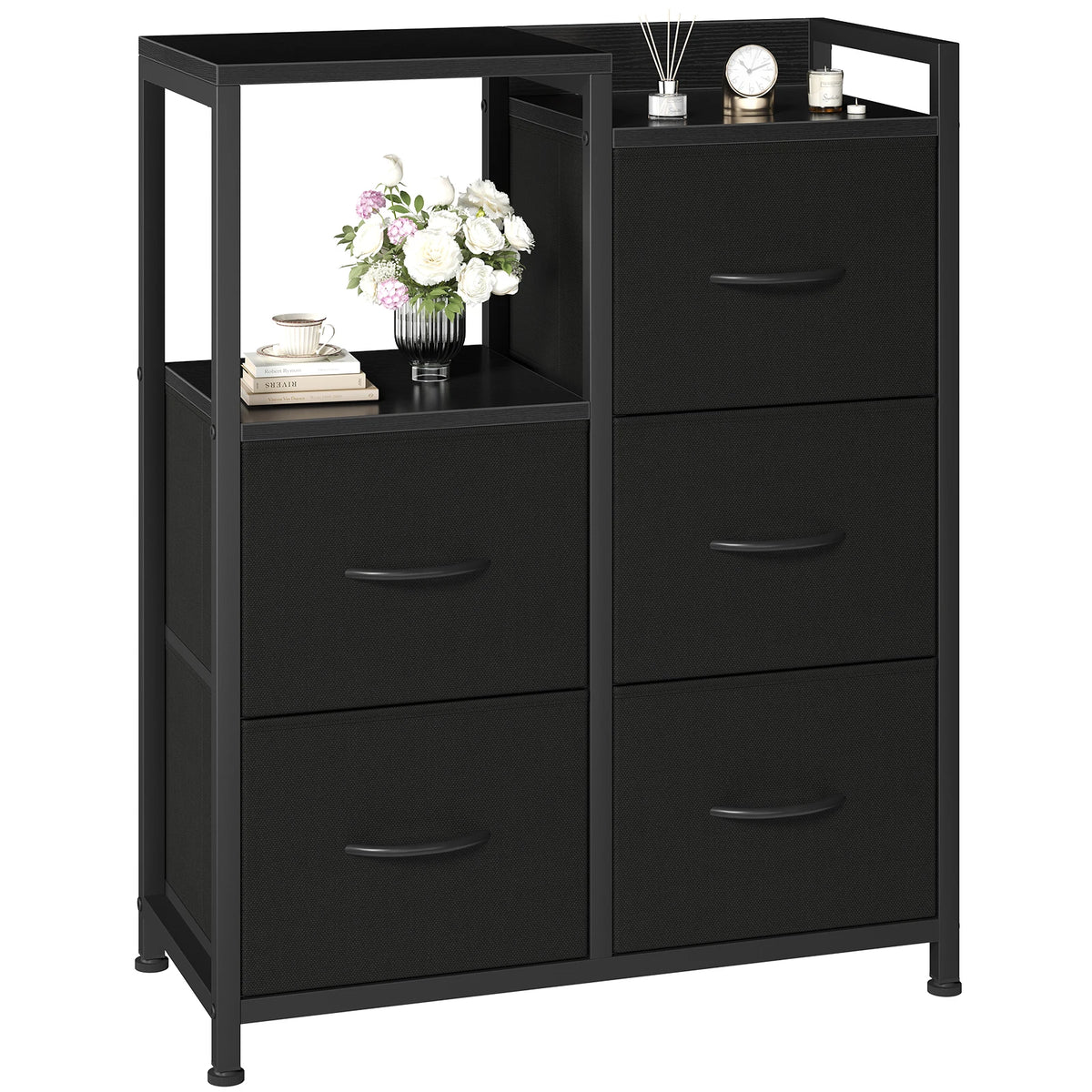 JHK Modern Fabric Drawer Chest With Metal Frame Raised Shelf