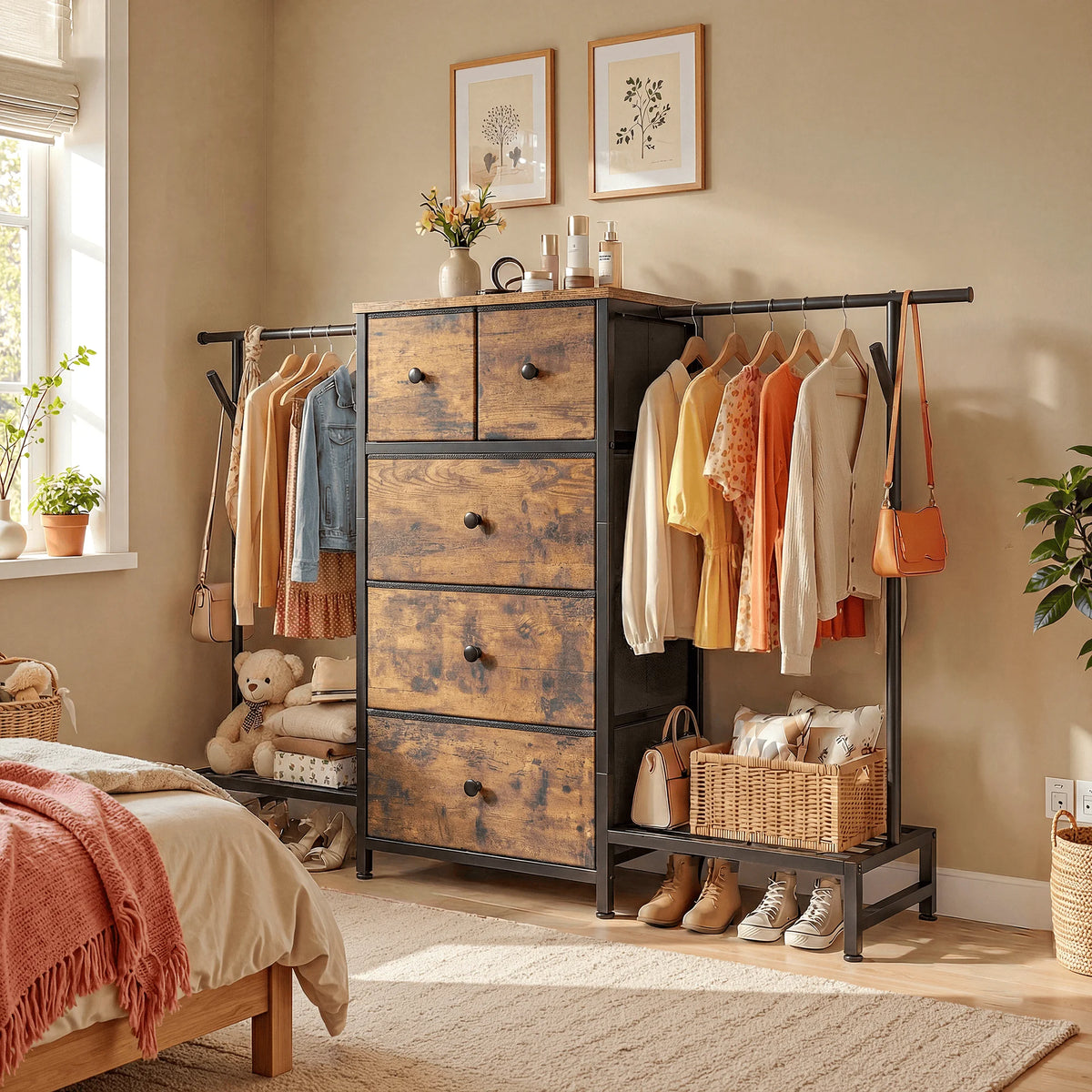EnHomee Modern Dresser With Five Drawers And Hanging Rack