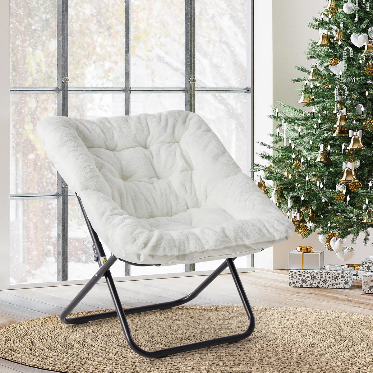 JHK Folding Faux Fur Saucer Chair For Cozy Lounge Seating
