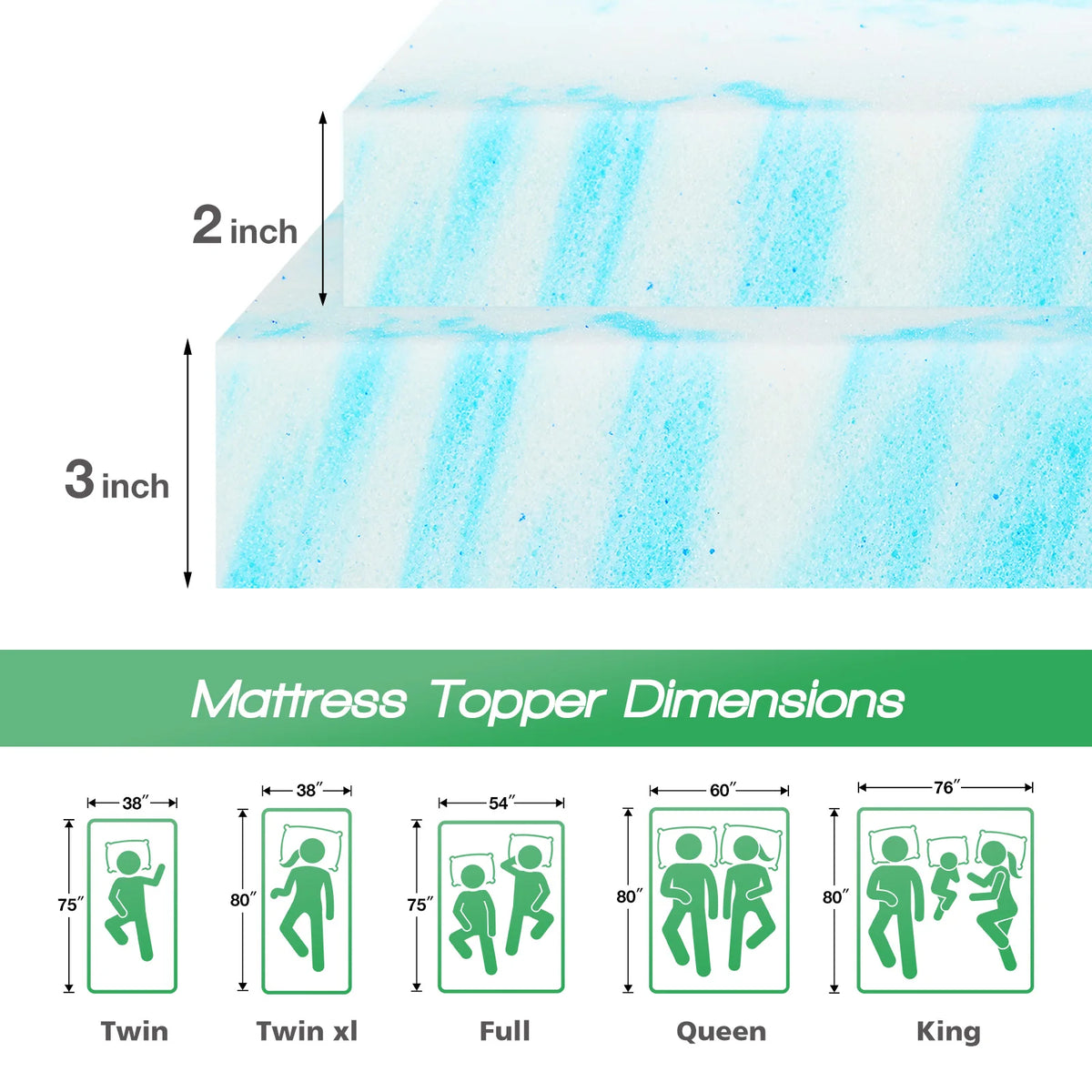 JHK Gel Memory Foam Mattress Topper For Soft Breathable Comfort