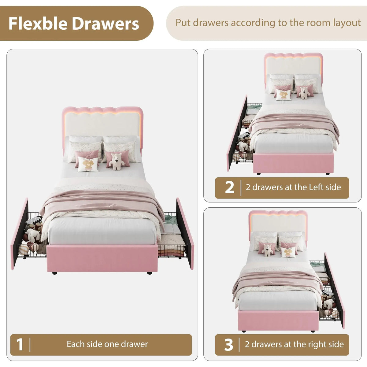 HiMISS Upholstered LED Platform Bed With Storage Drawers