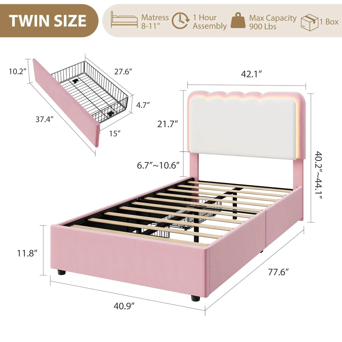 HiMISS Upholstered LED Platform Bed With Storage Drawers