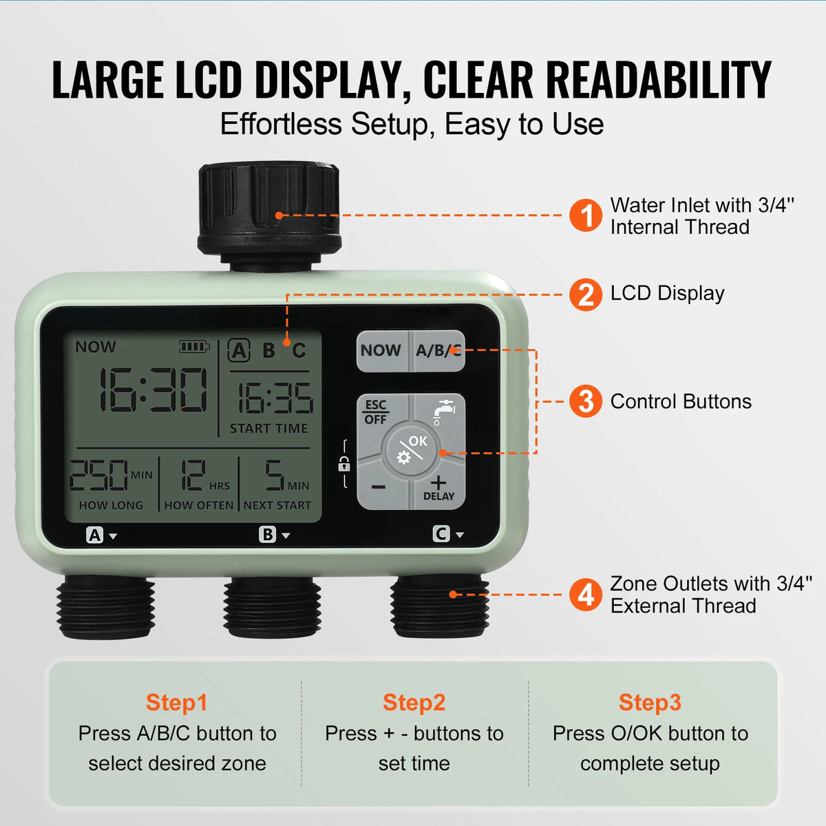 SucceBuy 3 Outlet Water Timer Lcd Manual Control Hose Sprinkler