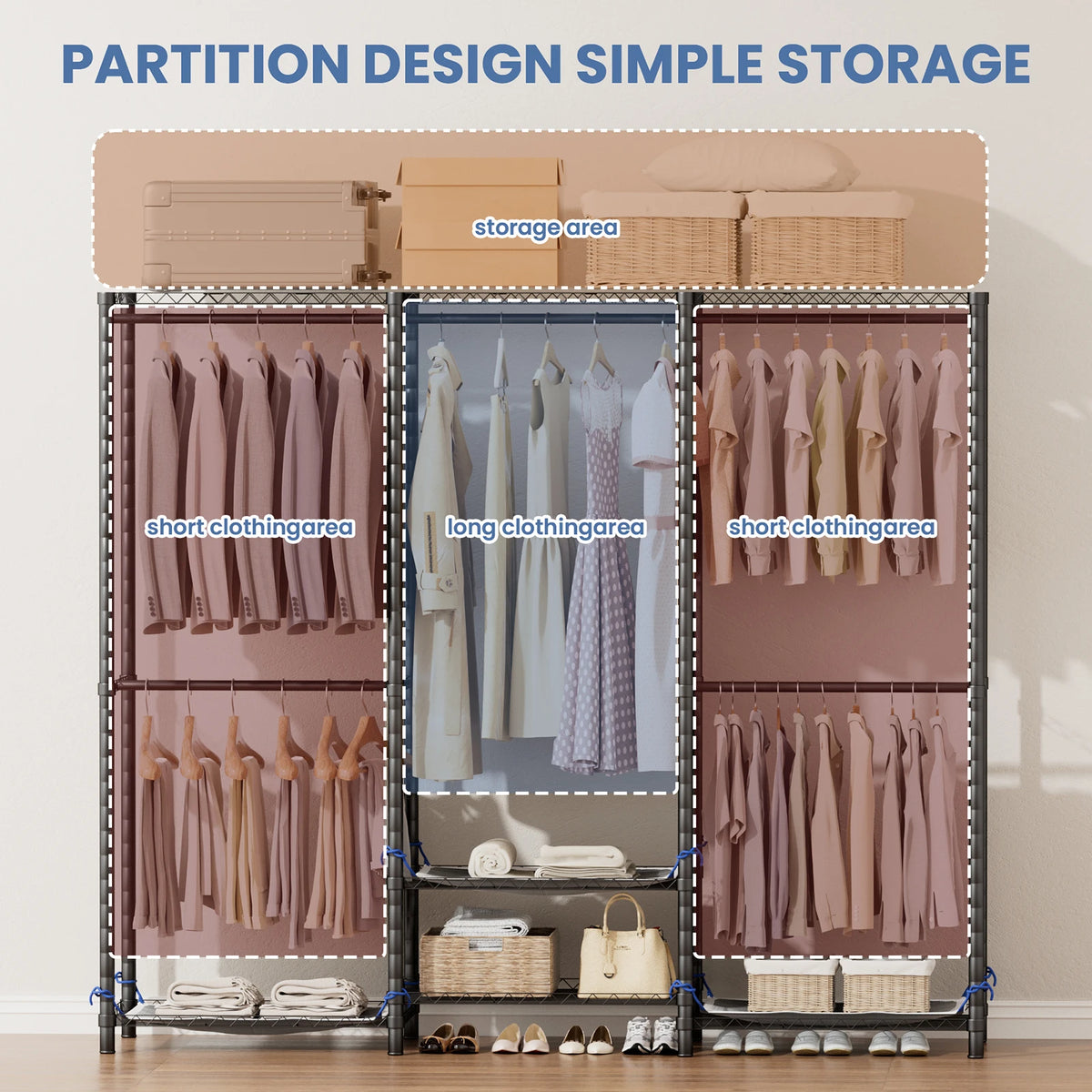 Freestanding Metal Clothes Rack And Heavy Duty Storage Organizer