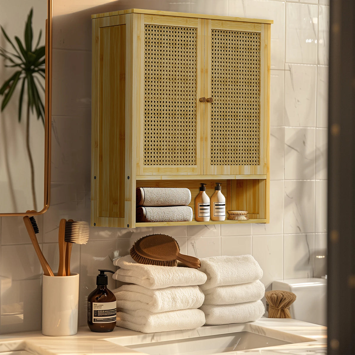 Wisfor Bamboo Wall Mounted Medicine Cabinet With Rattan Doors