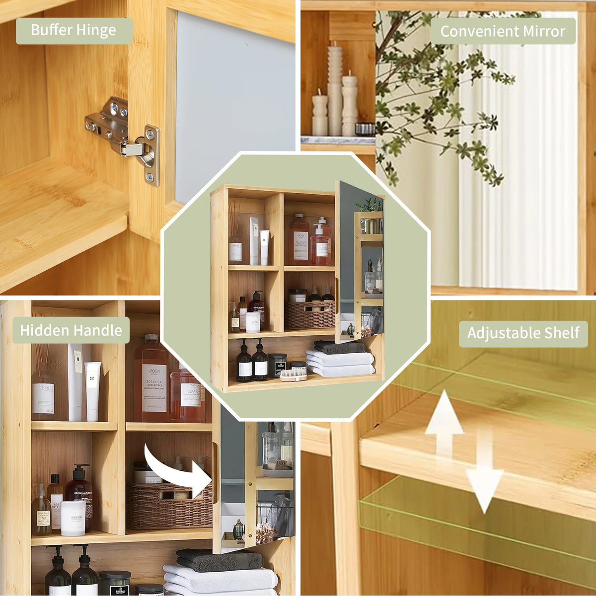Wisfor Bamboo Wall Mounted Bathroom Cabinet With Mirror Medicine Storage