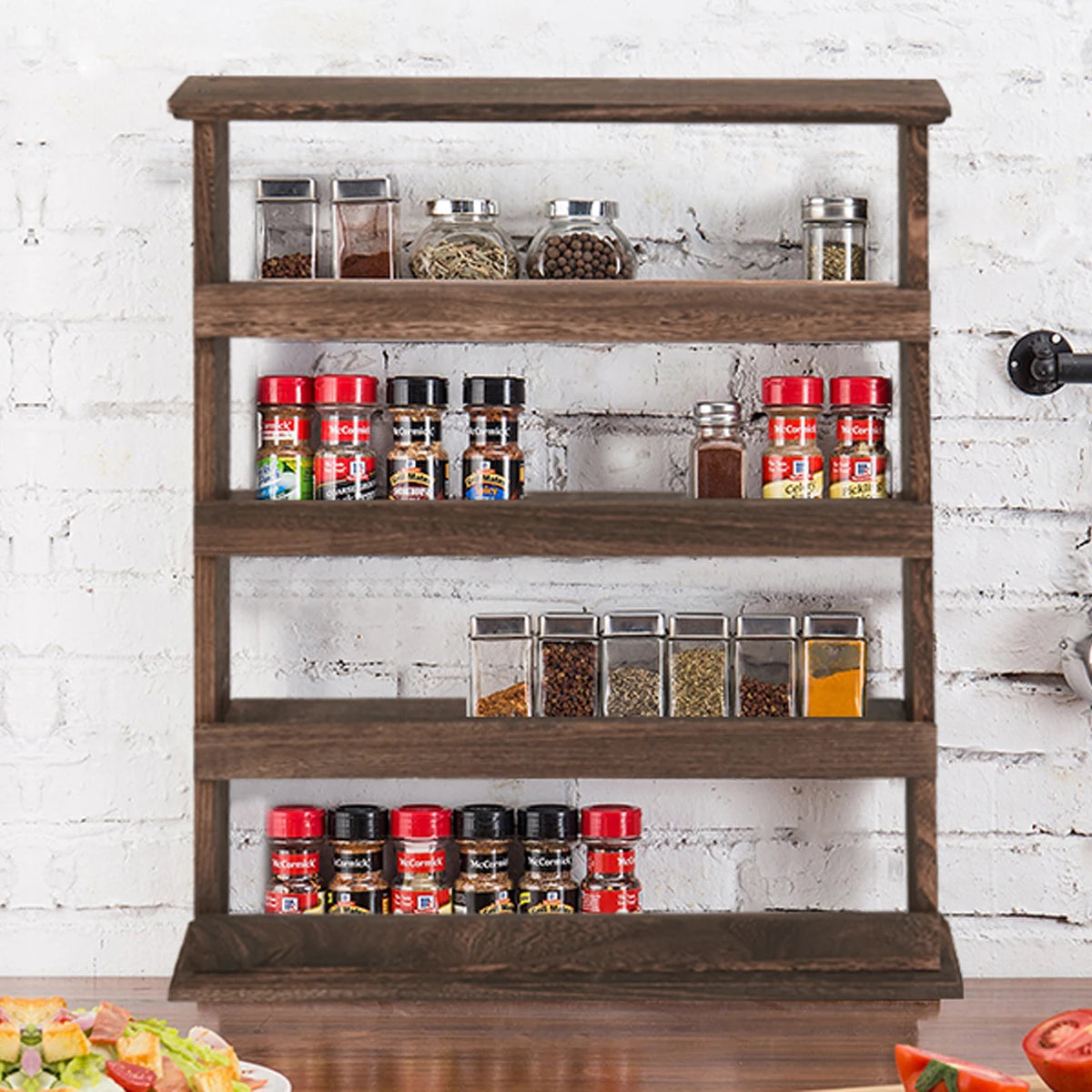 Wooden Wall Mount Spice Rack With Four Tier Storage