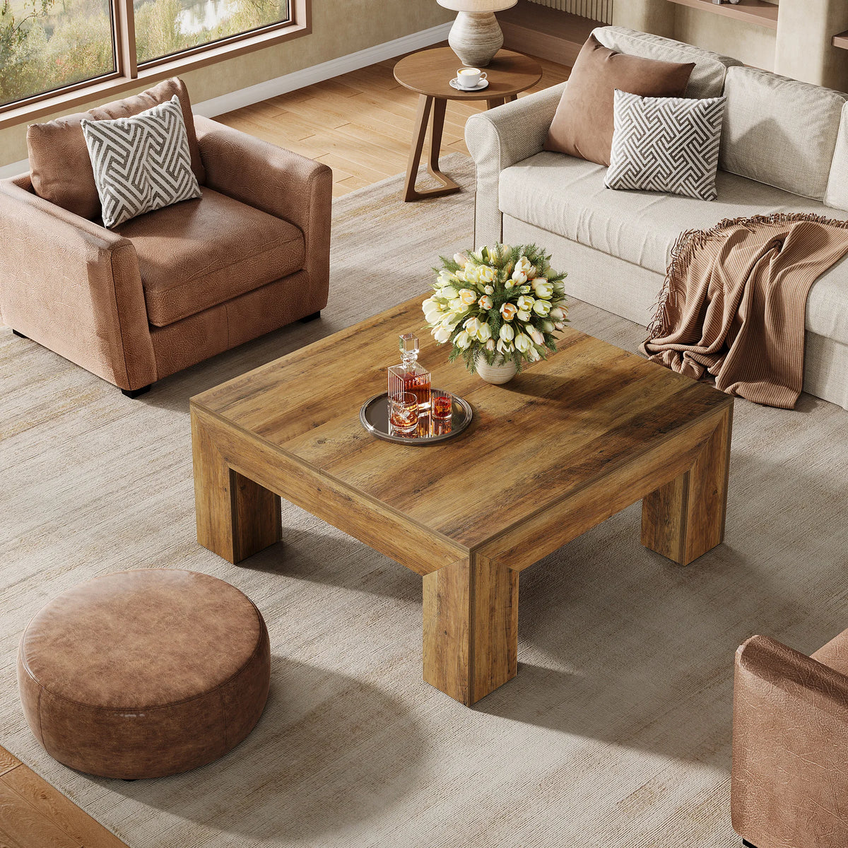 Tribesigns Farmhouse Square Coffee Table With Wooden Legs