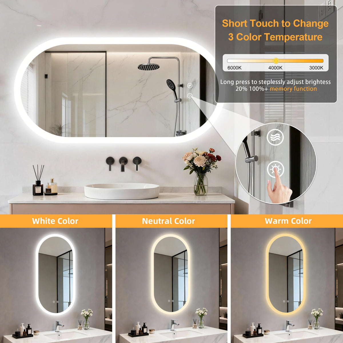 BORWART Smart Anti Fog Dimmable Oval LED Bathroom Mirror