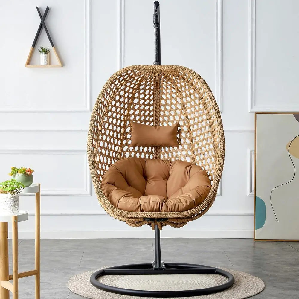 PE Rattan Hanging Egg Chair With Metal Stand And Cushion
