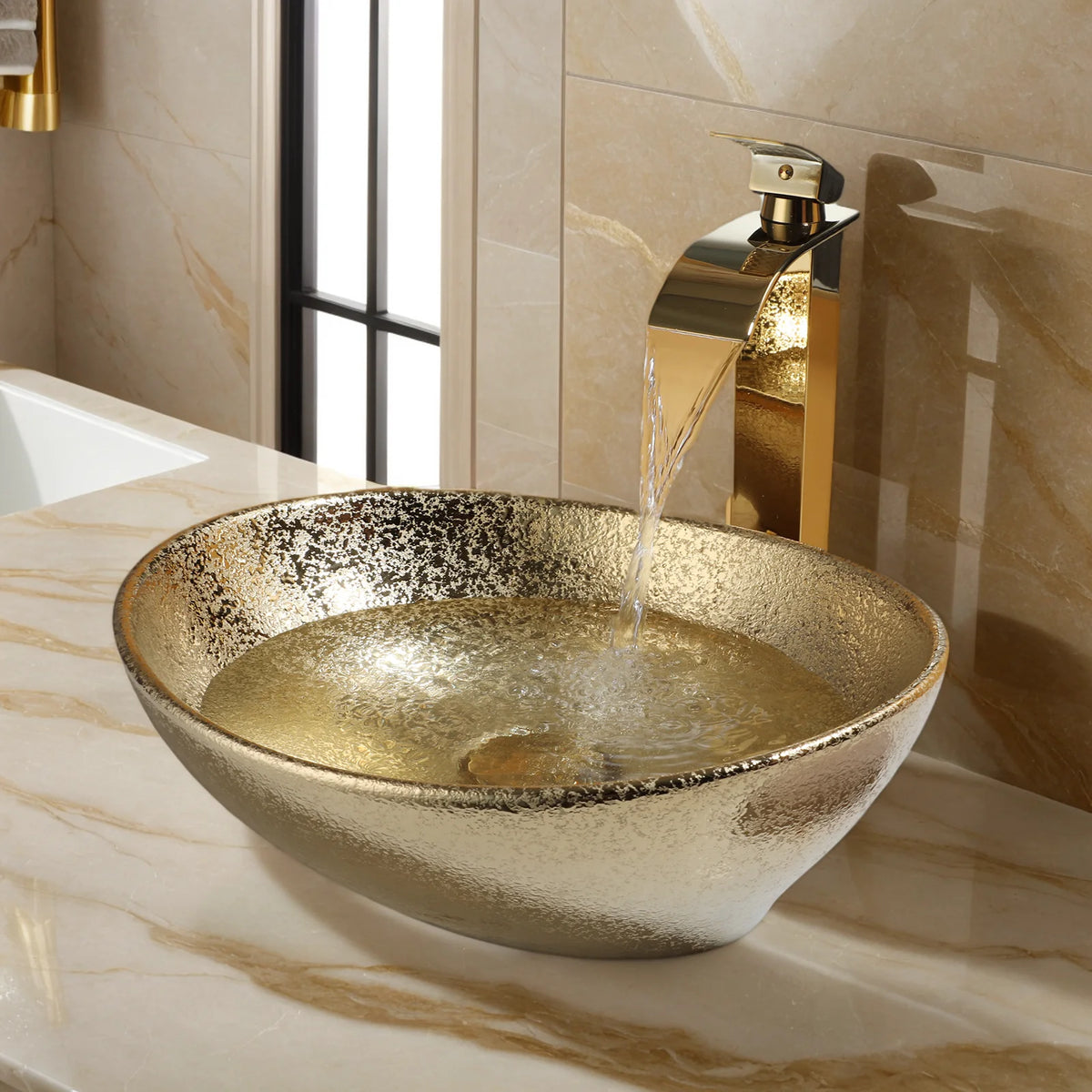 MEKKHALA Oval Ceramic Vessel Sink Set With Waterfall Faucet