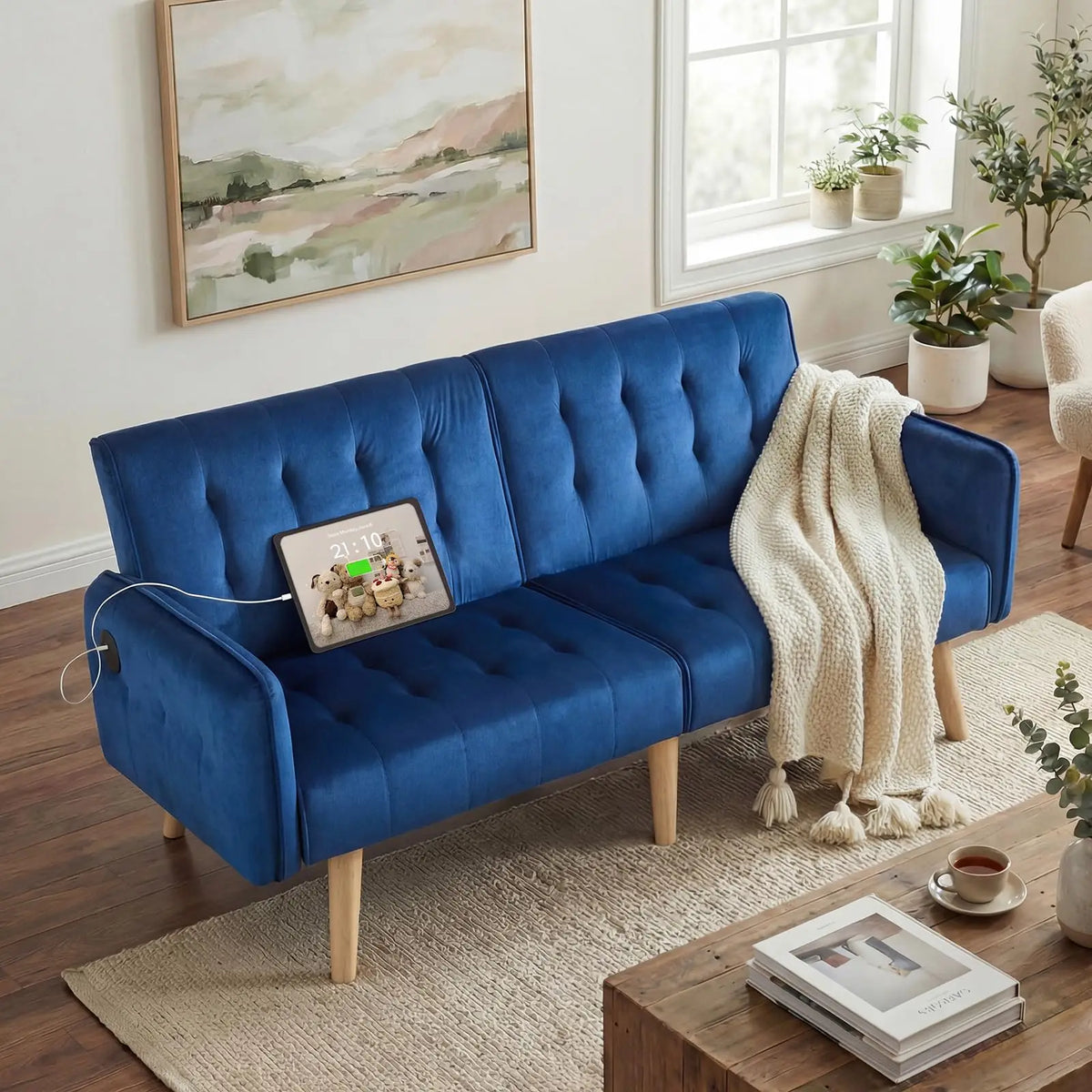 Convertible Synthetic Leather Futon Sofa Bed With USB Ports