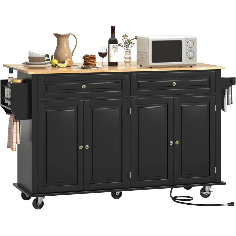 Bamboo Kitchen Island Cart With Rolling Wheels And Storage