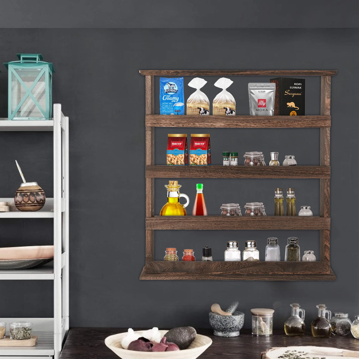 Wooden Wall Mount Spice Rack With Four Tier Storage