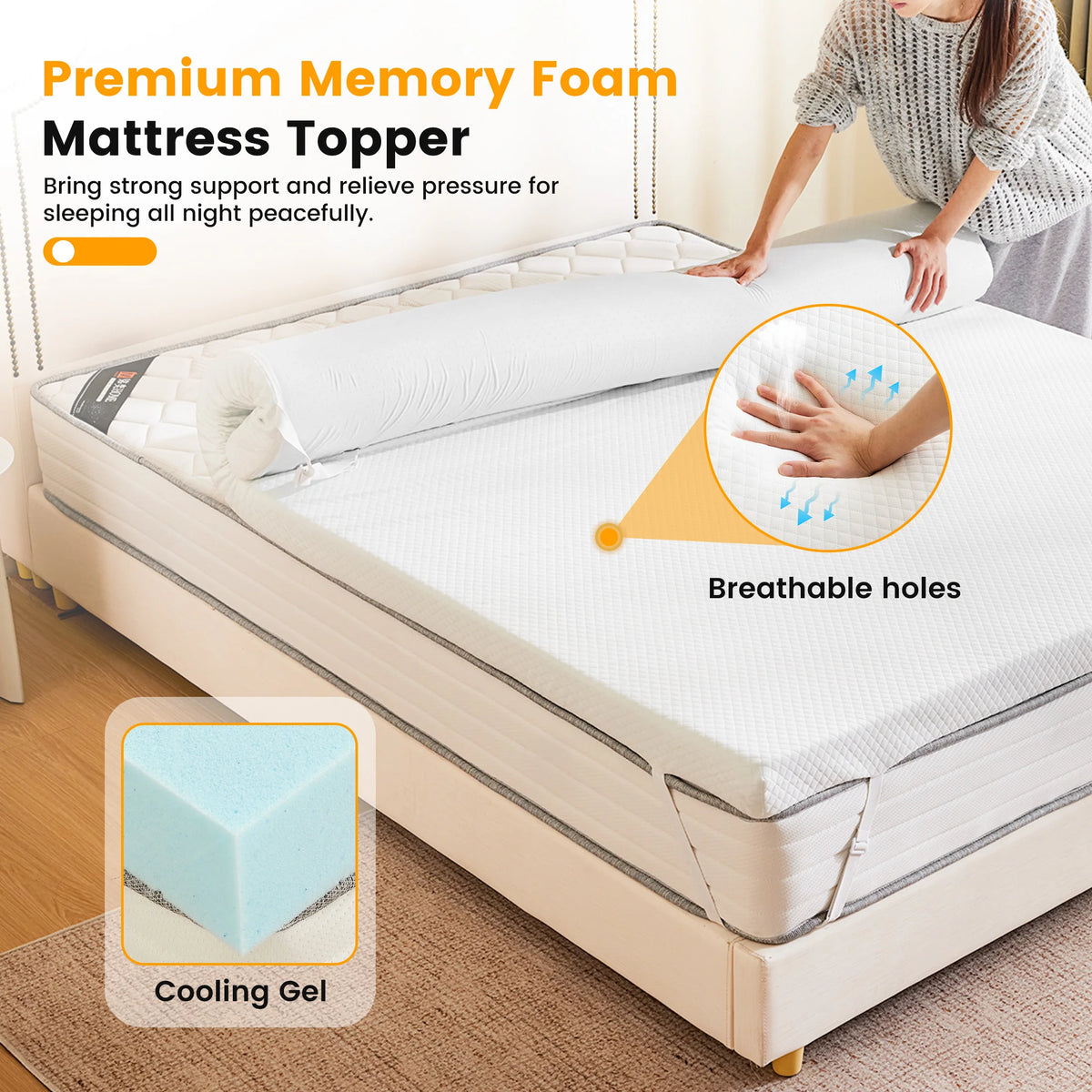 JHK Gel Memory Foam Mattress Topper Featuring Removable Breathable Cover