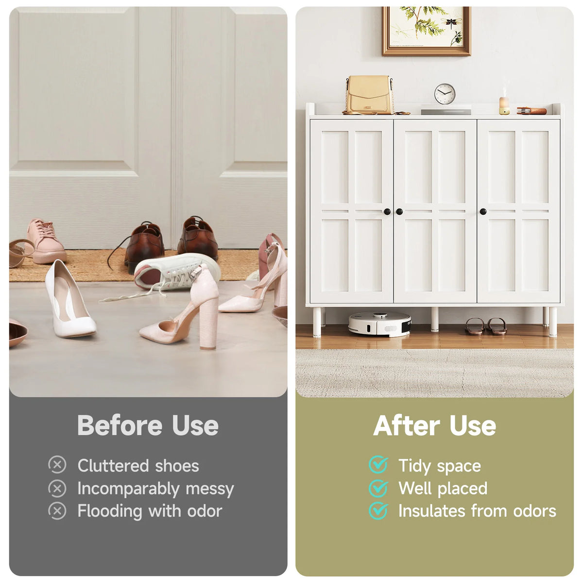 Onbrill Modern Wooden Shoe Cabinet With Three Doors For Entryway