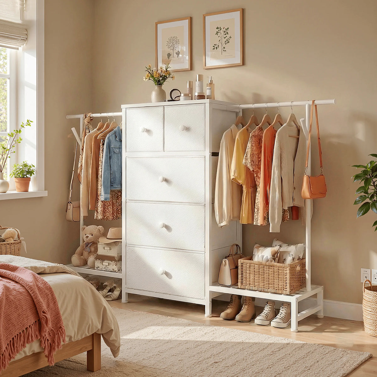 EnHomee Modern Dresser With Five Drawers And Hanging Rack