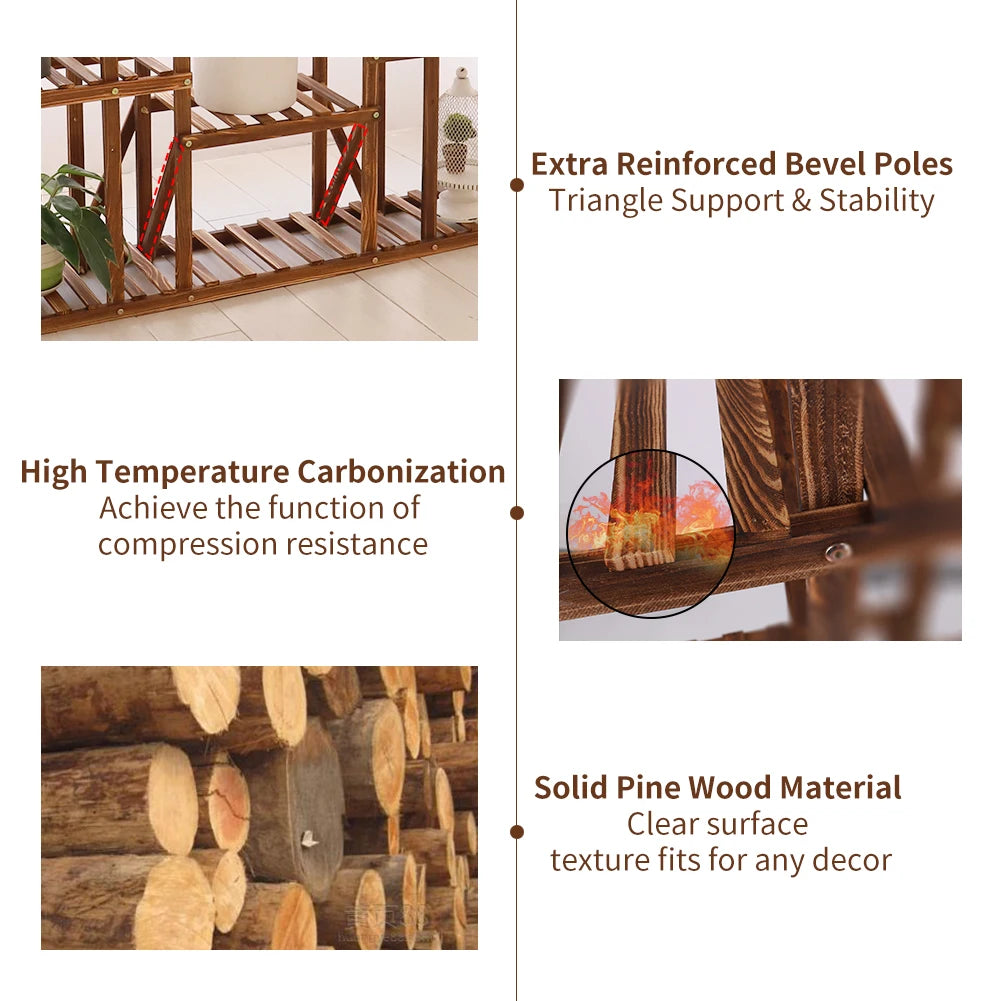 11 Tier Carbonized Wood Plant Stand Display Shelf
