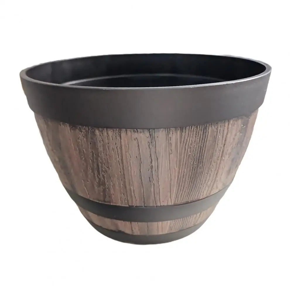 Rustic Farmhouse Faux Wood Whiskey Barrel Planter With Drainage