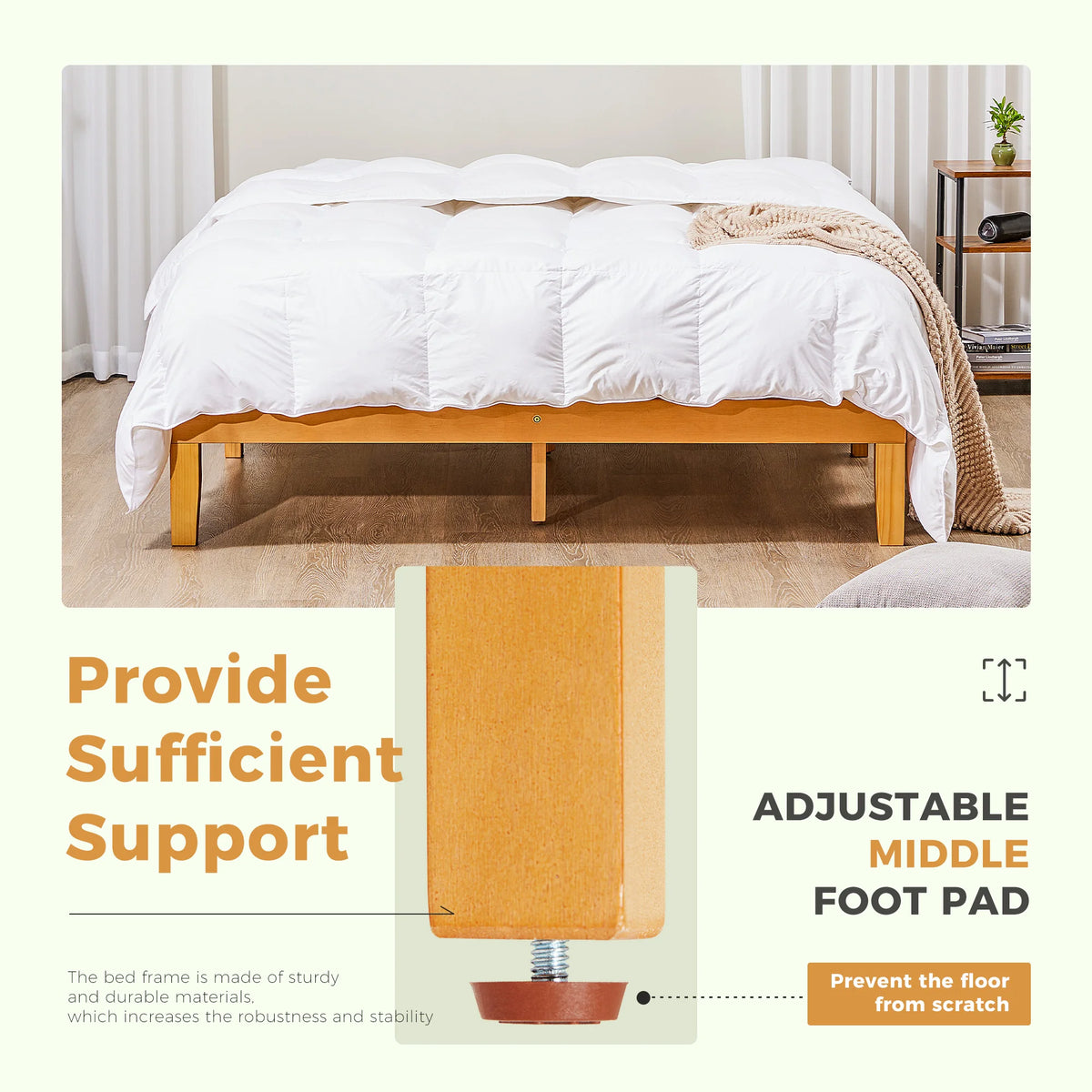JHK Solid Wood Bed Frame With Sturdy Platform Slat Support