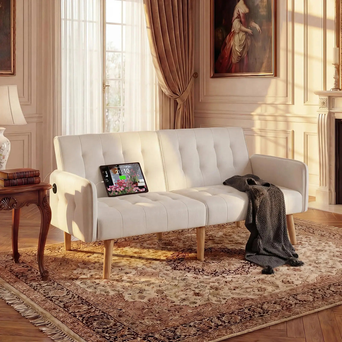 Convertible Synthetic Leather Futon Sofa Bed With USB Ports