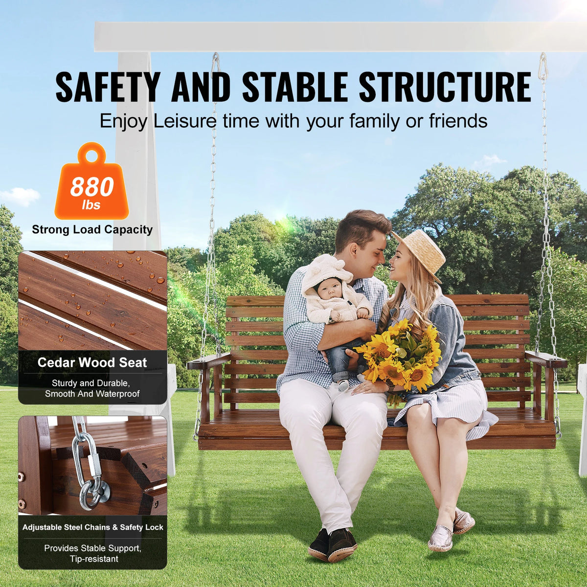 SucceBuy Wooden Porch Swing Bench for Patio and Garden Furniture