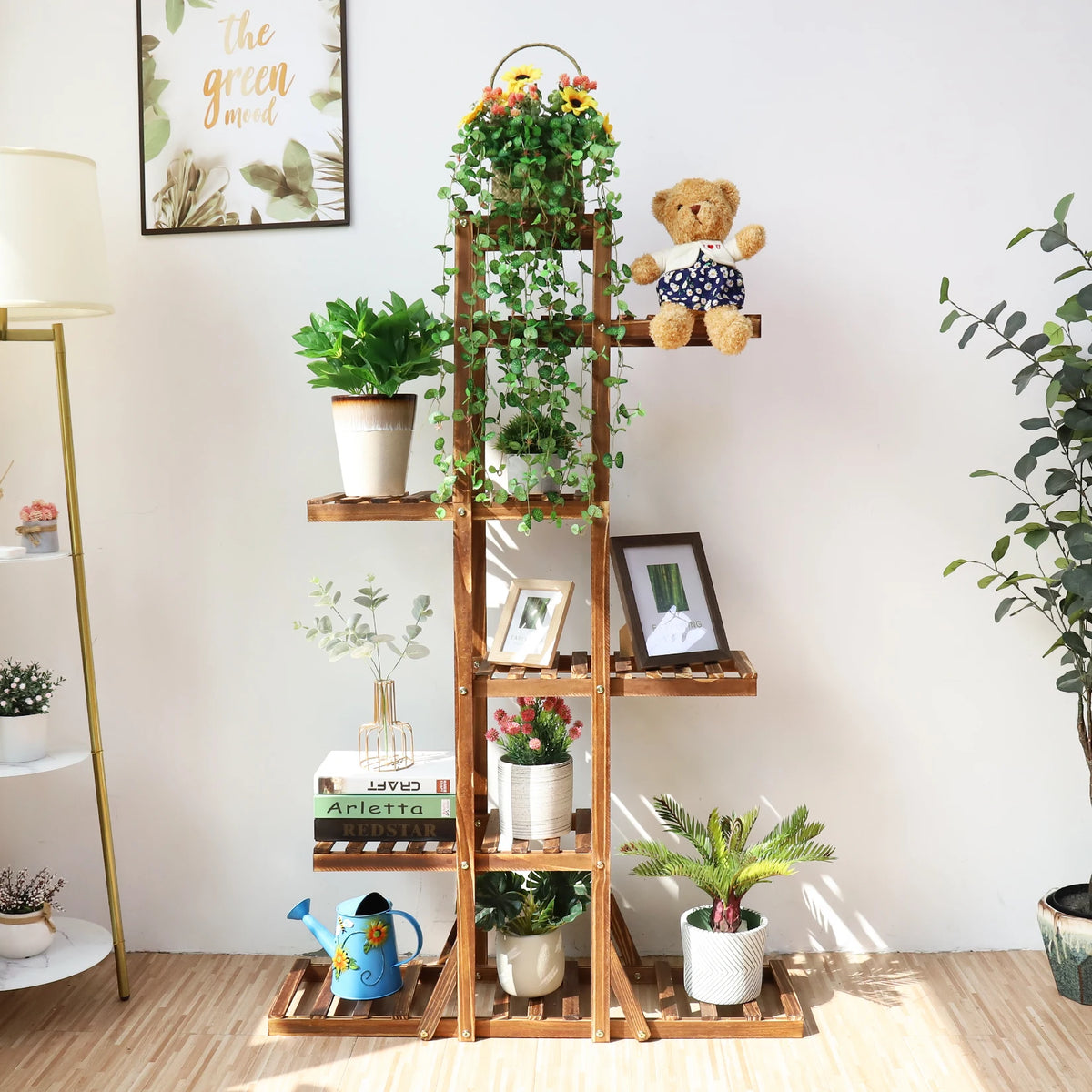 6-Tier Carbonized Wooden Plant Stand BINGOPAW Flower Display Rack