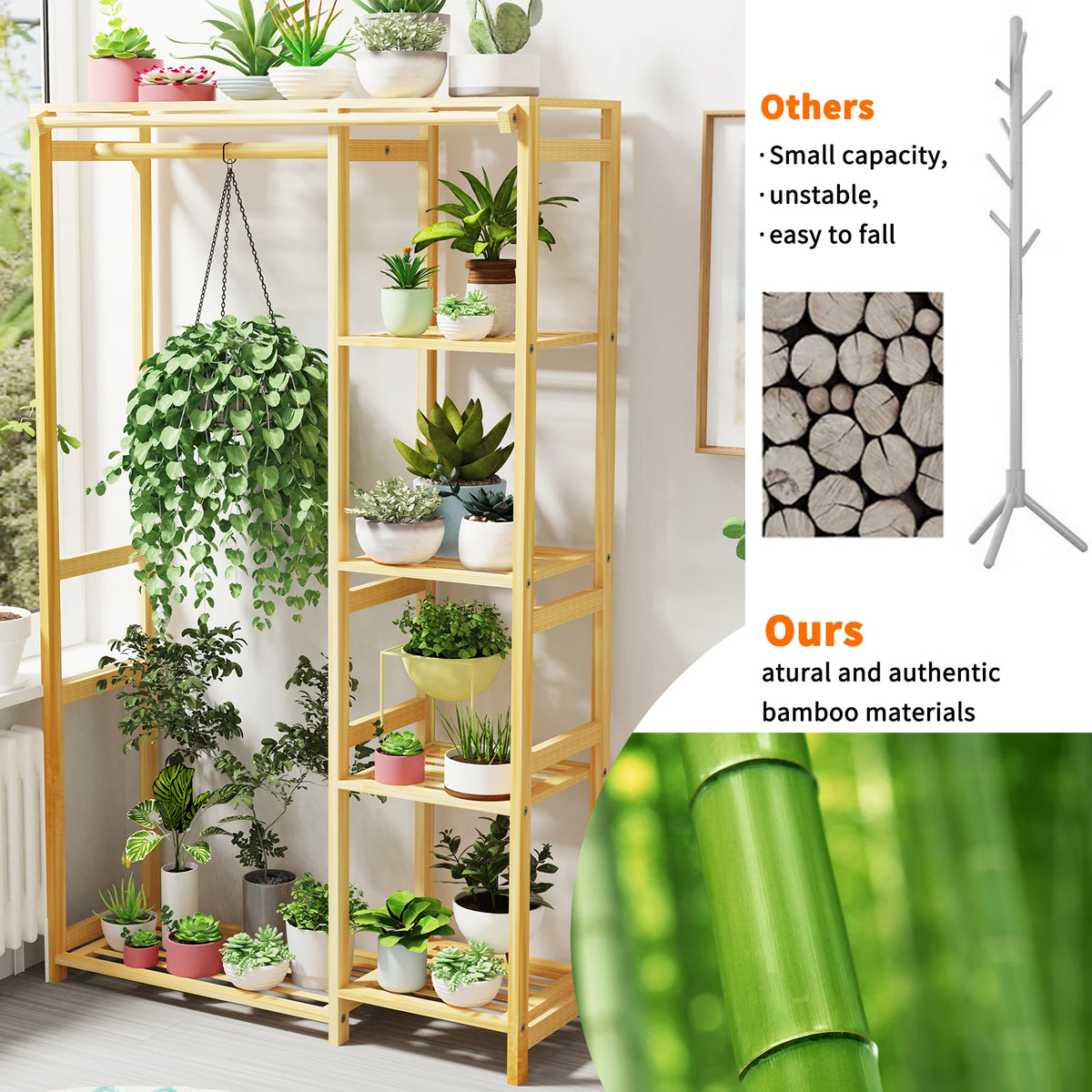 Bamboo Multi Tier Garment Rack Wardrobe Closet Stand Storage Shelves