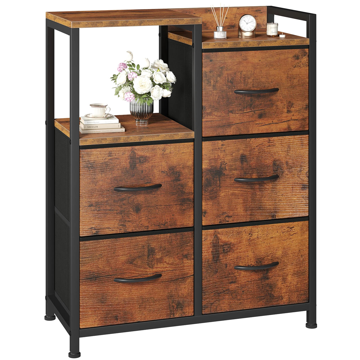 JHK Modern Fabric Drawer Chest With Metal Frame Raised Shelf