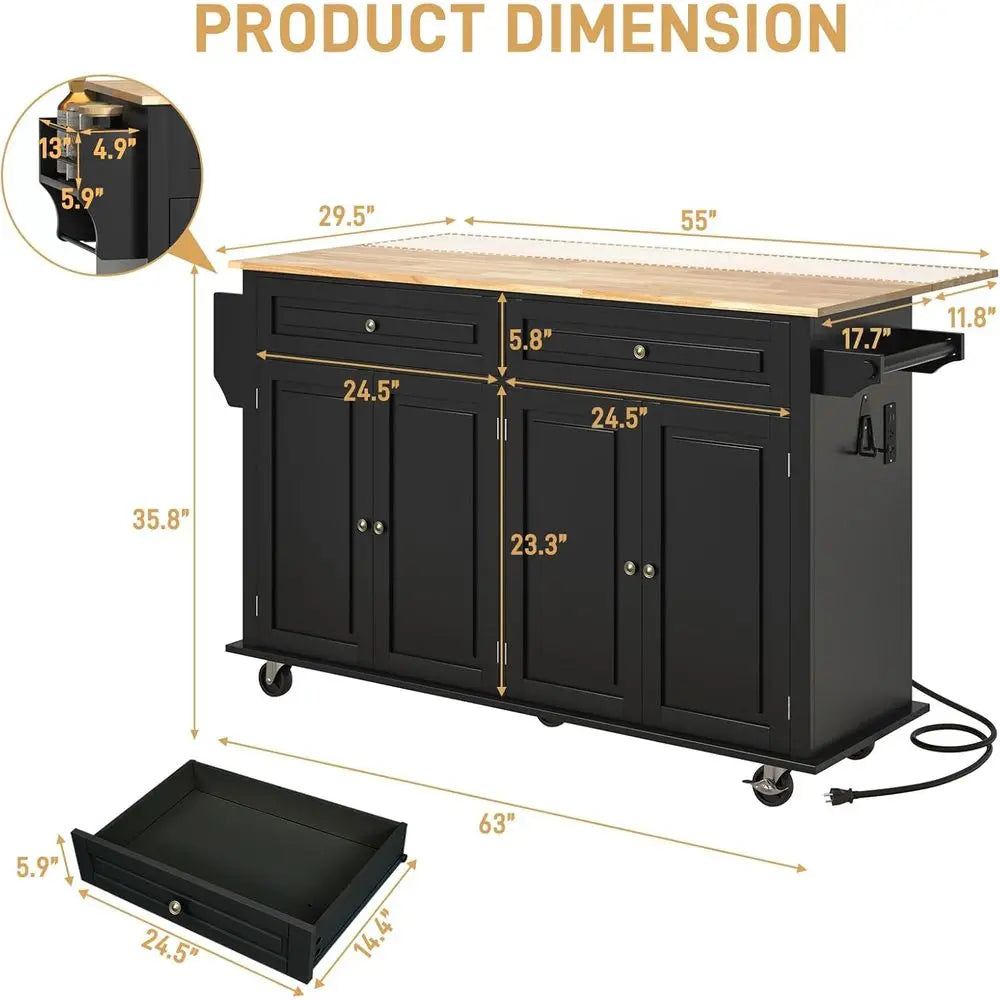 Bamboo Kitchen Island Cart With Rolling Wheels And Storage