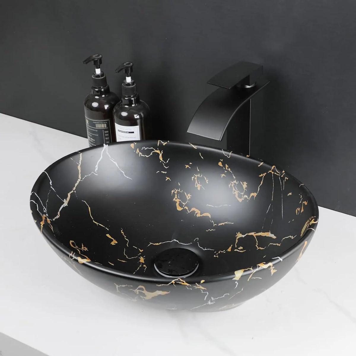 MEKKHALA Oval Ceramic Vessel Sink Set With Waterfall Faucet