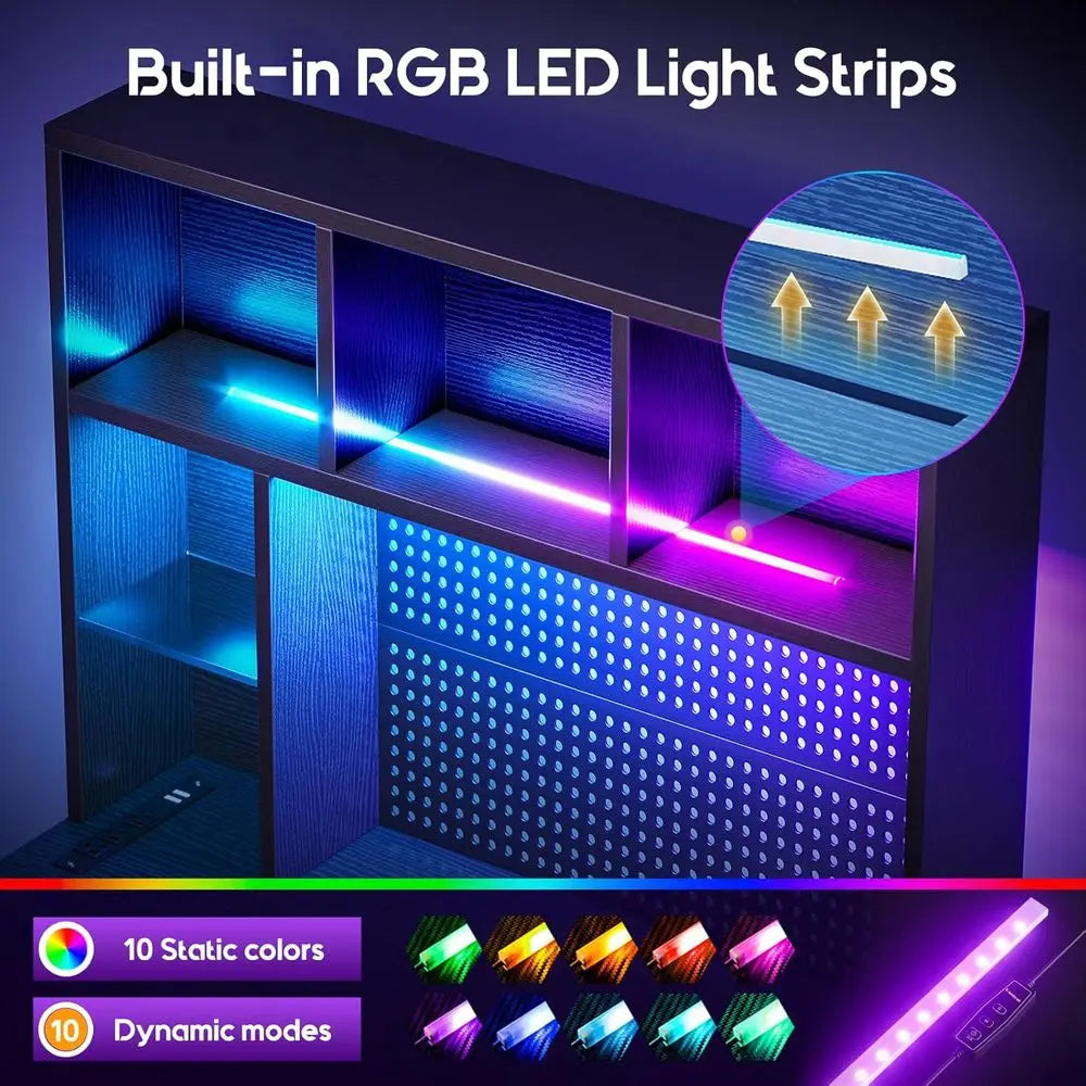 L Shaped Gaming Desk With Hutch Pegboard And LED Lighting