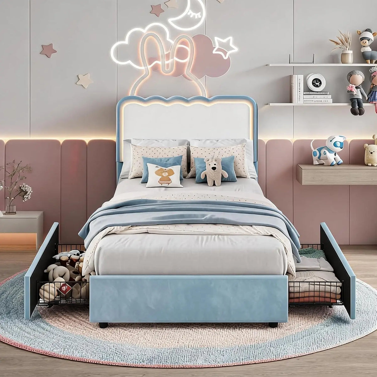 HiMISS Upholstered LED Platform Bed With Storage Drawers